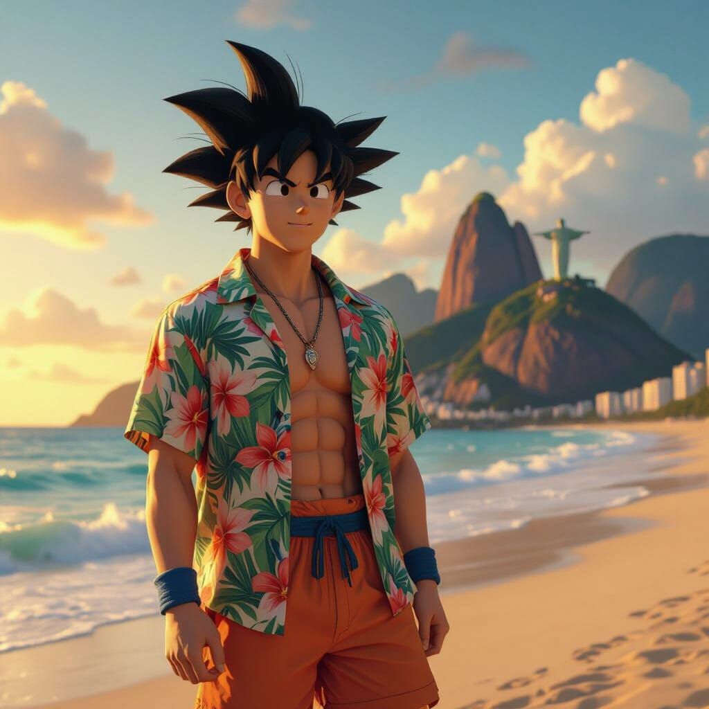 Goku Relaxing on Rio Beach in Golden Hour Light