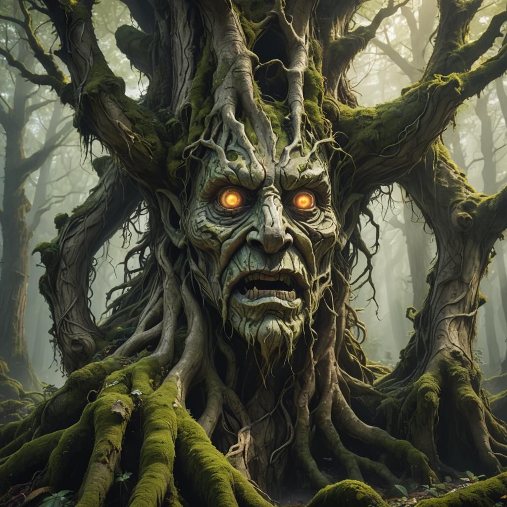 Ancient Tree Spirit in Misty Forest
