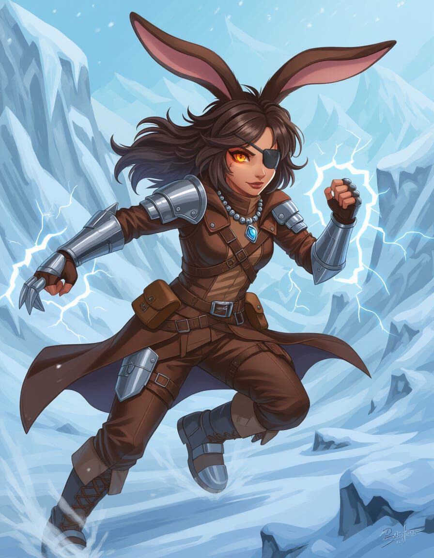Rabbitfolk Warrior Dashing with Magic on Snowy Battlefield