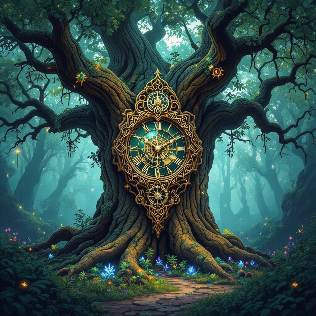 Enchanted Clockwork Tree in Bioluminescent Celtic Forest
