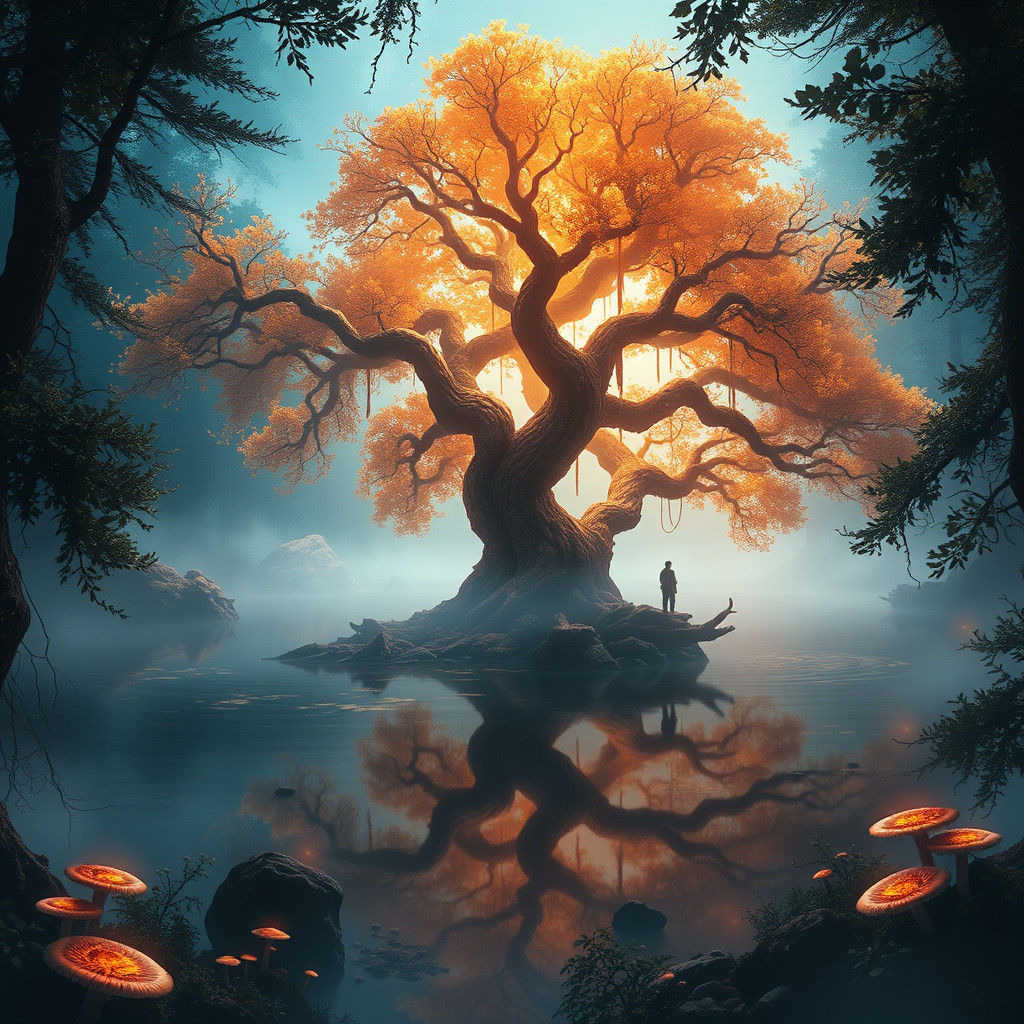 Mystical Forest Lake Reflects Ancient Tree in Matte Painting