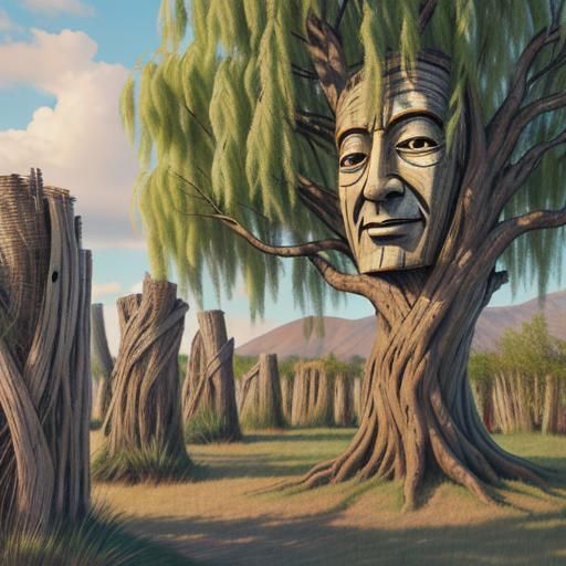 Sentient willow tree with a face carved into its bark