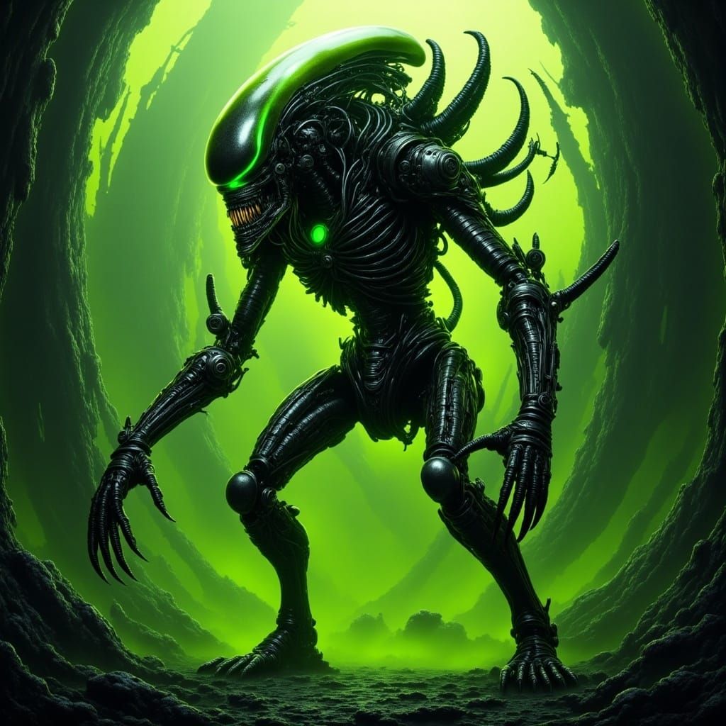 <lora:SteampunkFLUX:1.0> Xenomorph, immensely horrific