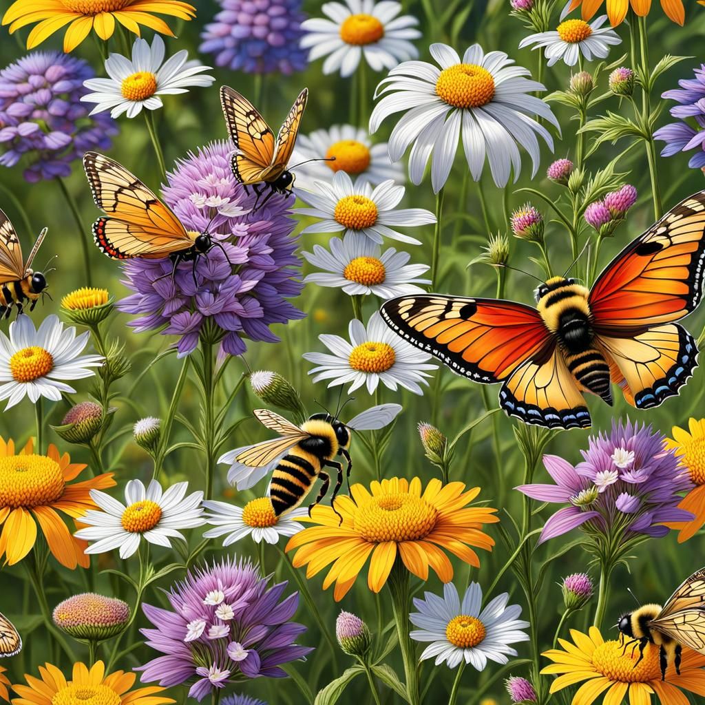 Photorealistic Butterflies and Bees in Scenic Meadow