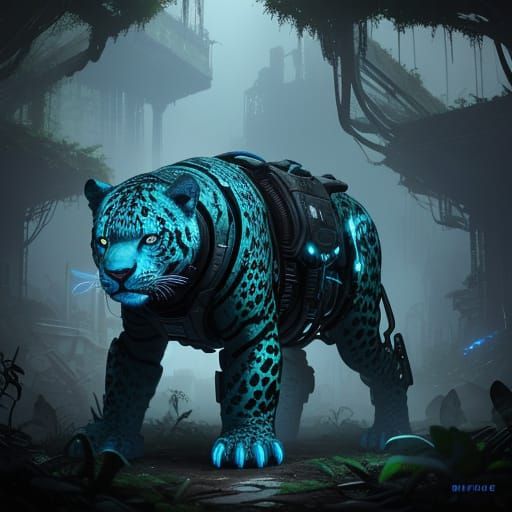 Cybernetic Jaguar in Blue Light Amidst Ruined City