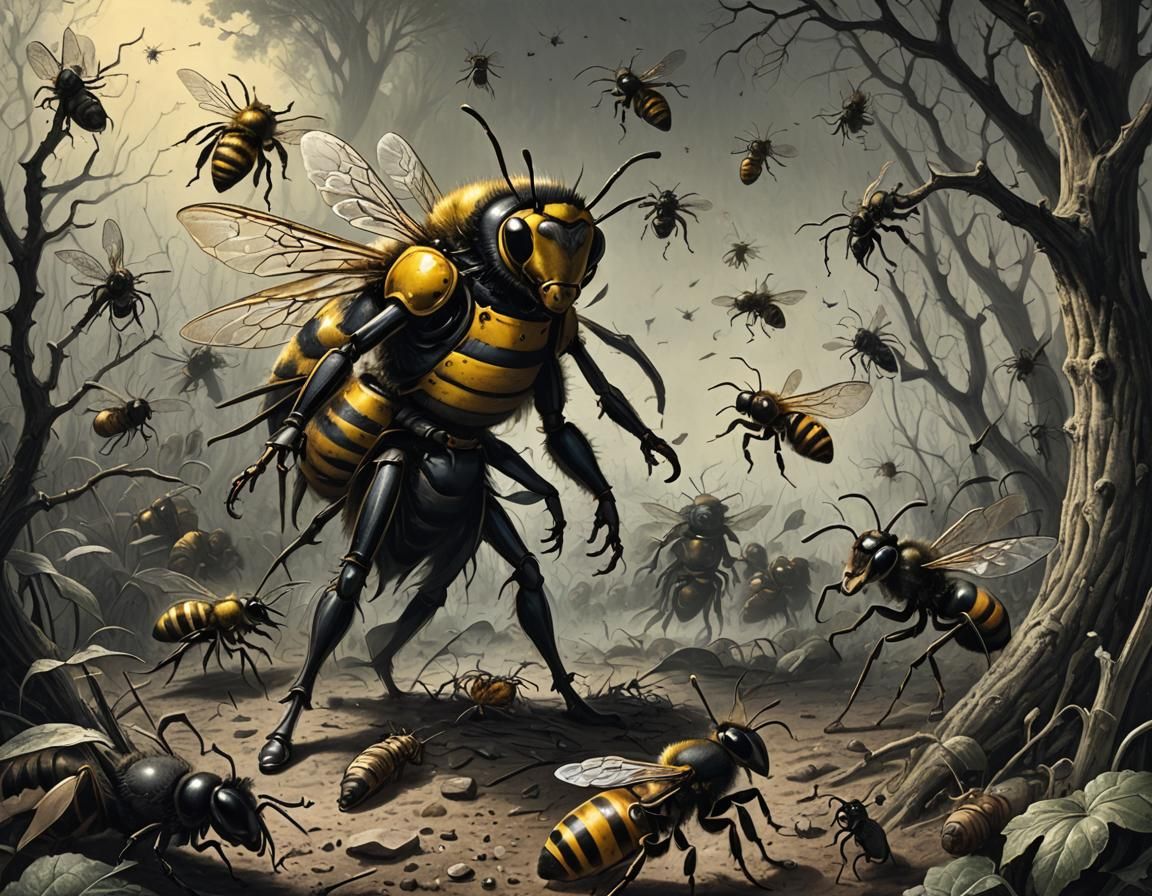 Epic Battle: Bee vs Ant in Horror Style