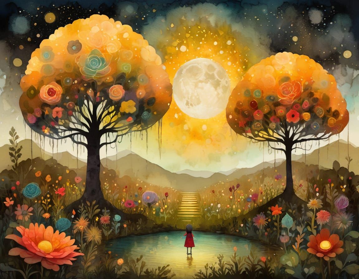 Flower Troll in Gouache Style Night Garden