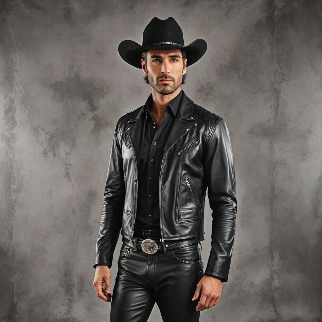 Man in Black Leather Suit with Cowboy Hat