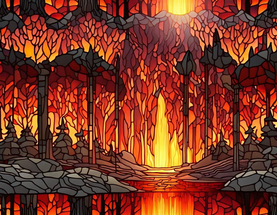 Fiery Lava Forestscape in Metallic Stained Glass