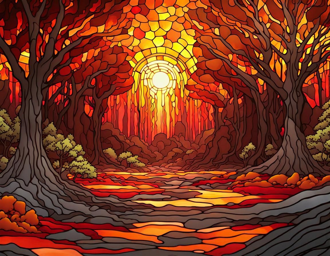 Fiery Lava Forestscape in Metallic Stained Glass