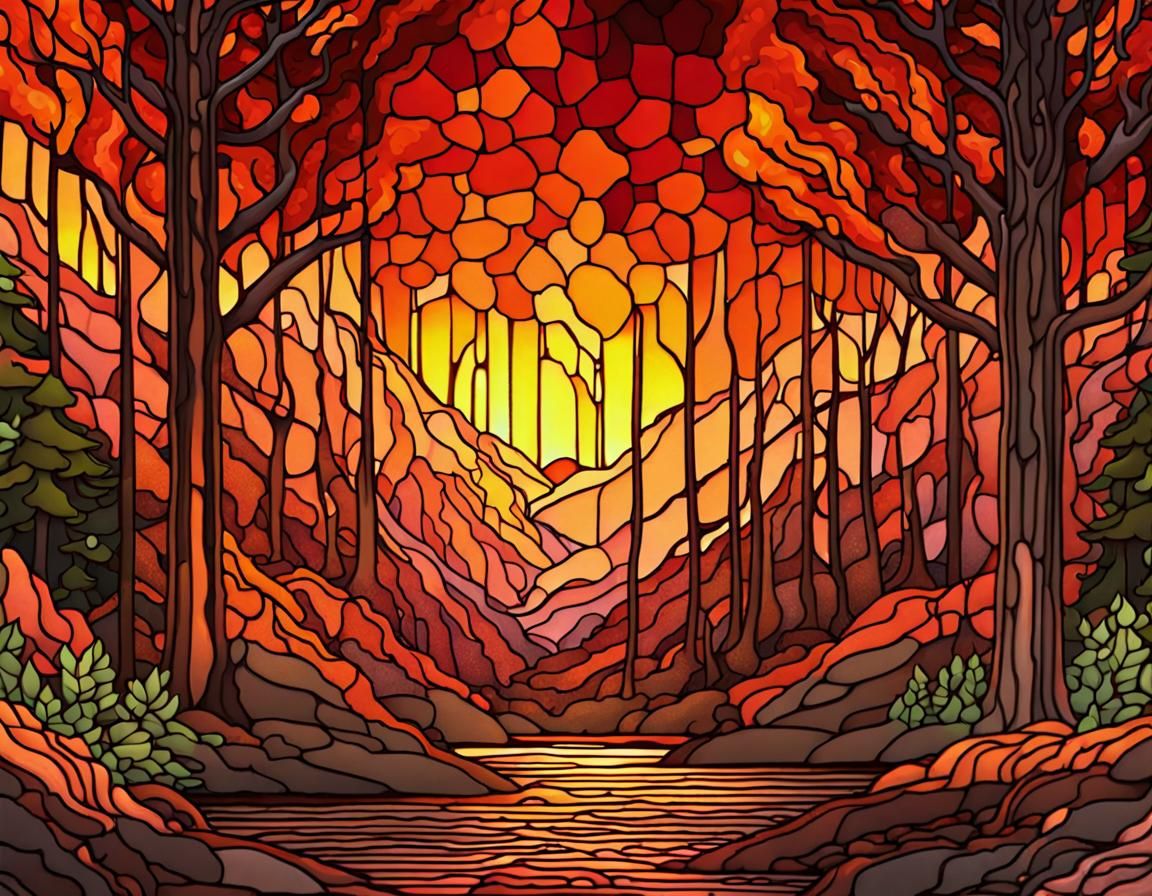 Fiery Lava Forestscape in Metallic Stained Glass