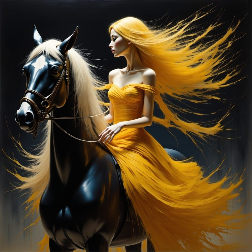 Woman in Yellow Rides Black Horse with White Mane
