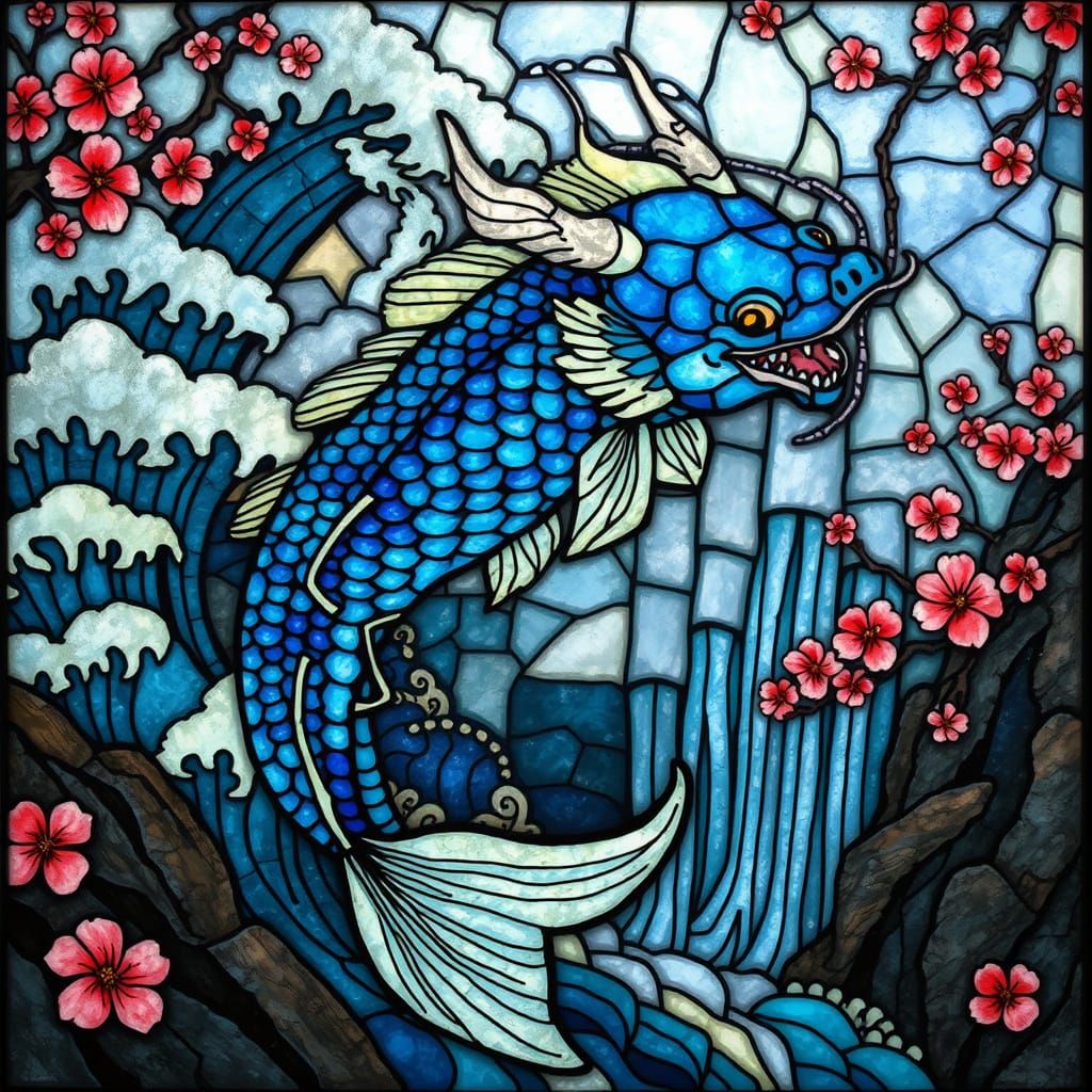 Koi to Dragon Transformation in Stained Glass Style