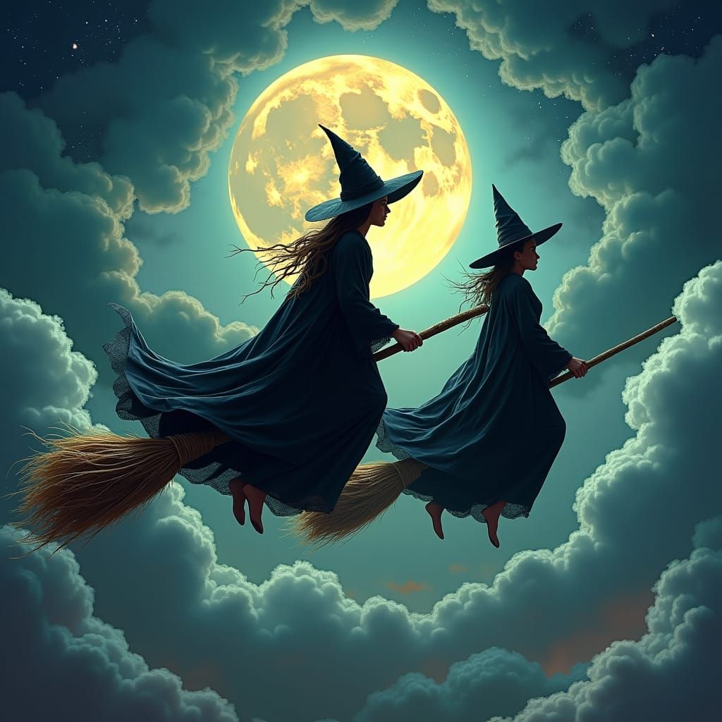 Witches Ride Brooms in Dreamlike Moonlit Sky