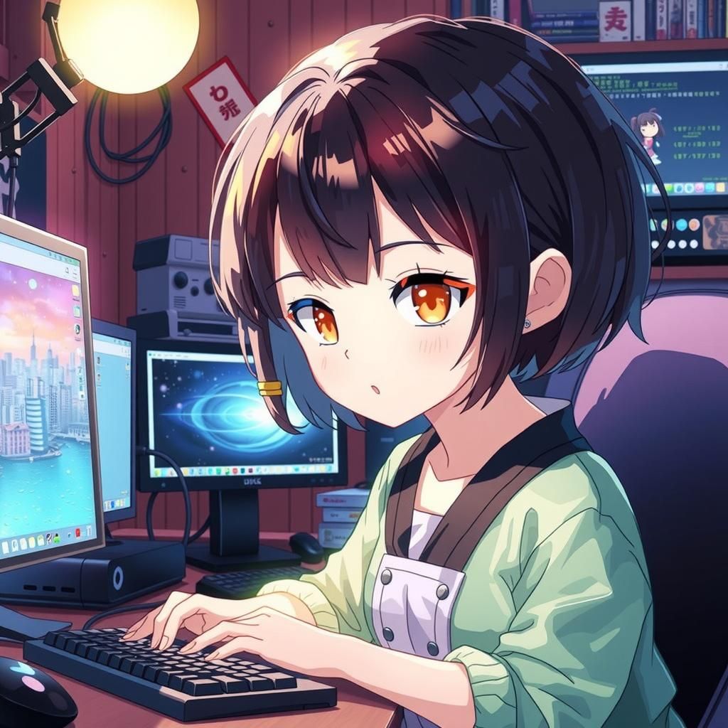Anime Woman at Desk in Vibrant Tokyo Cityscape