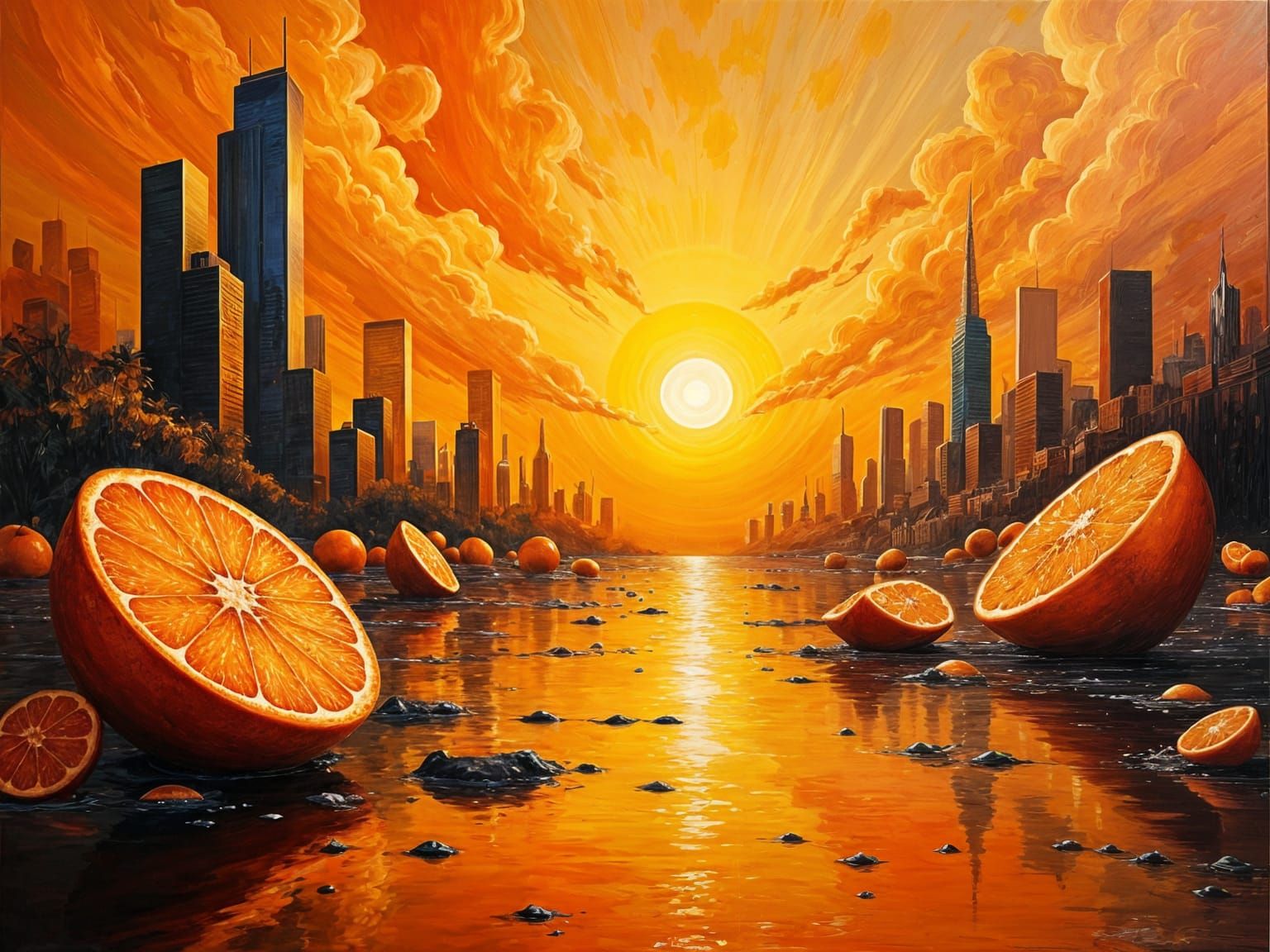 Surreal Orange Cityscape at Sunset: Digital Abstract Art