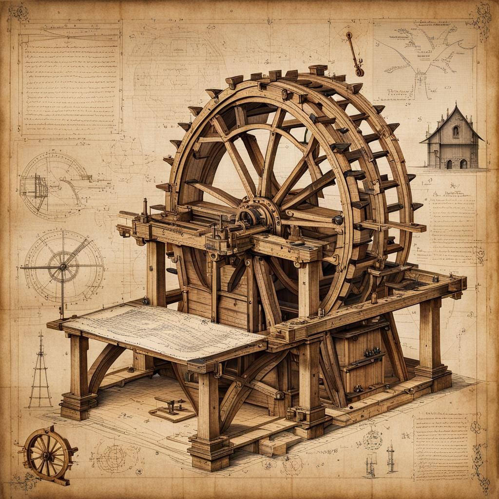 Waterwheel Invention Blueprint on Parchment