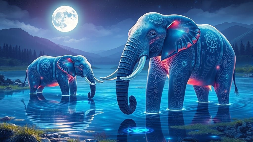 Ethereal, Glowing Elephants Swim in Neon-Lit, Azure Pools