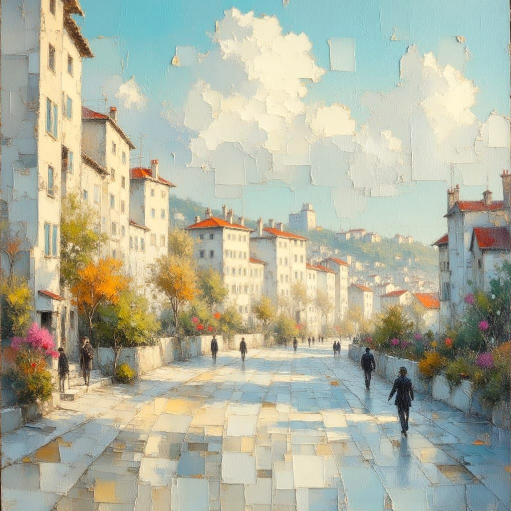 Illuminated Cityscape in Impasto Oil Painting Style