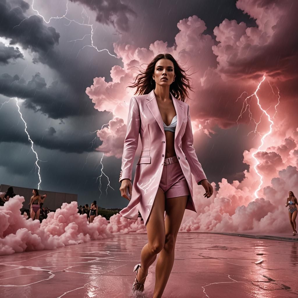 Bunny Bikini Model on Pink Runway in Lightning Storm