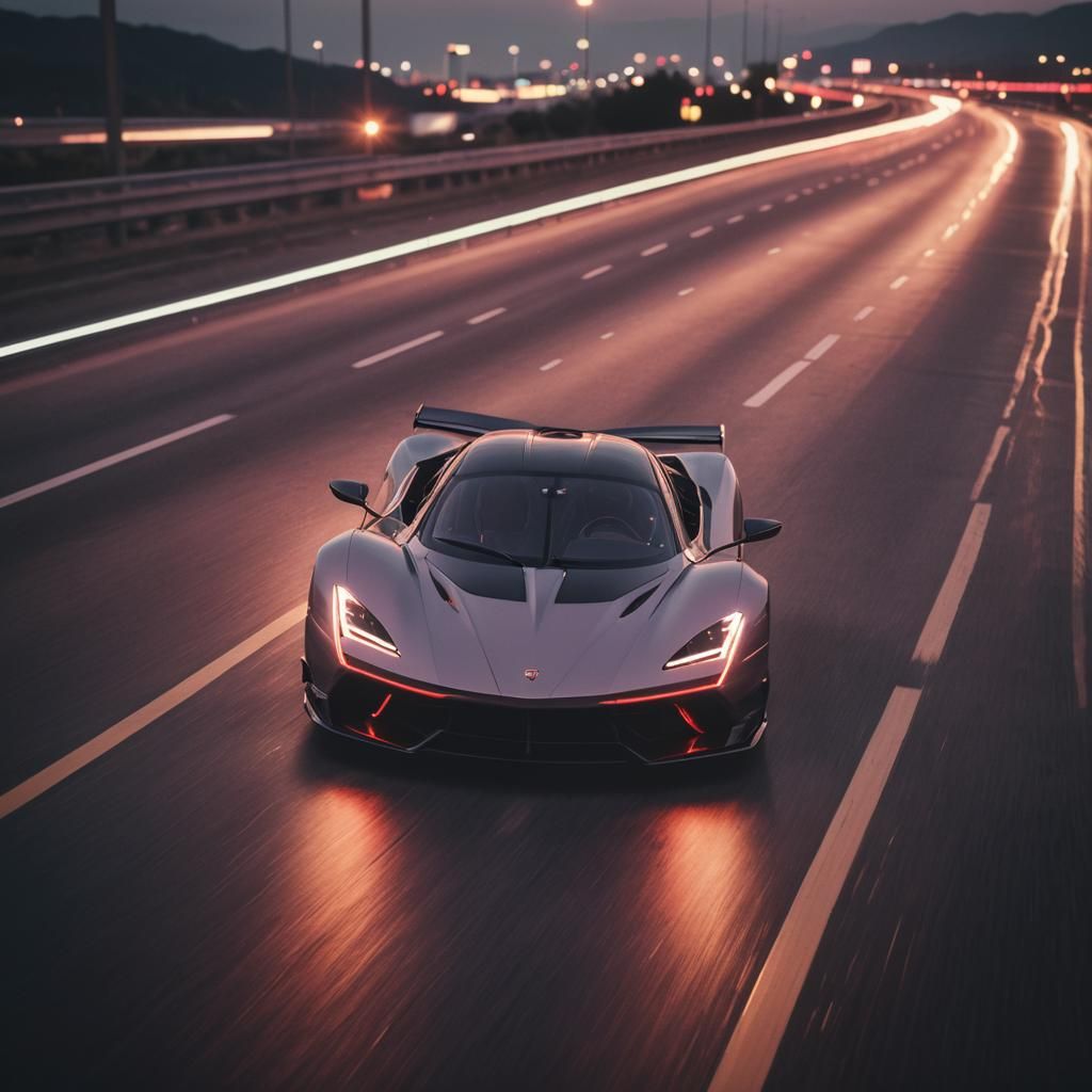 Futuristic Hypercar Speeds Down Neon Highway at Dusk