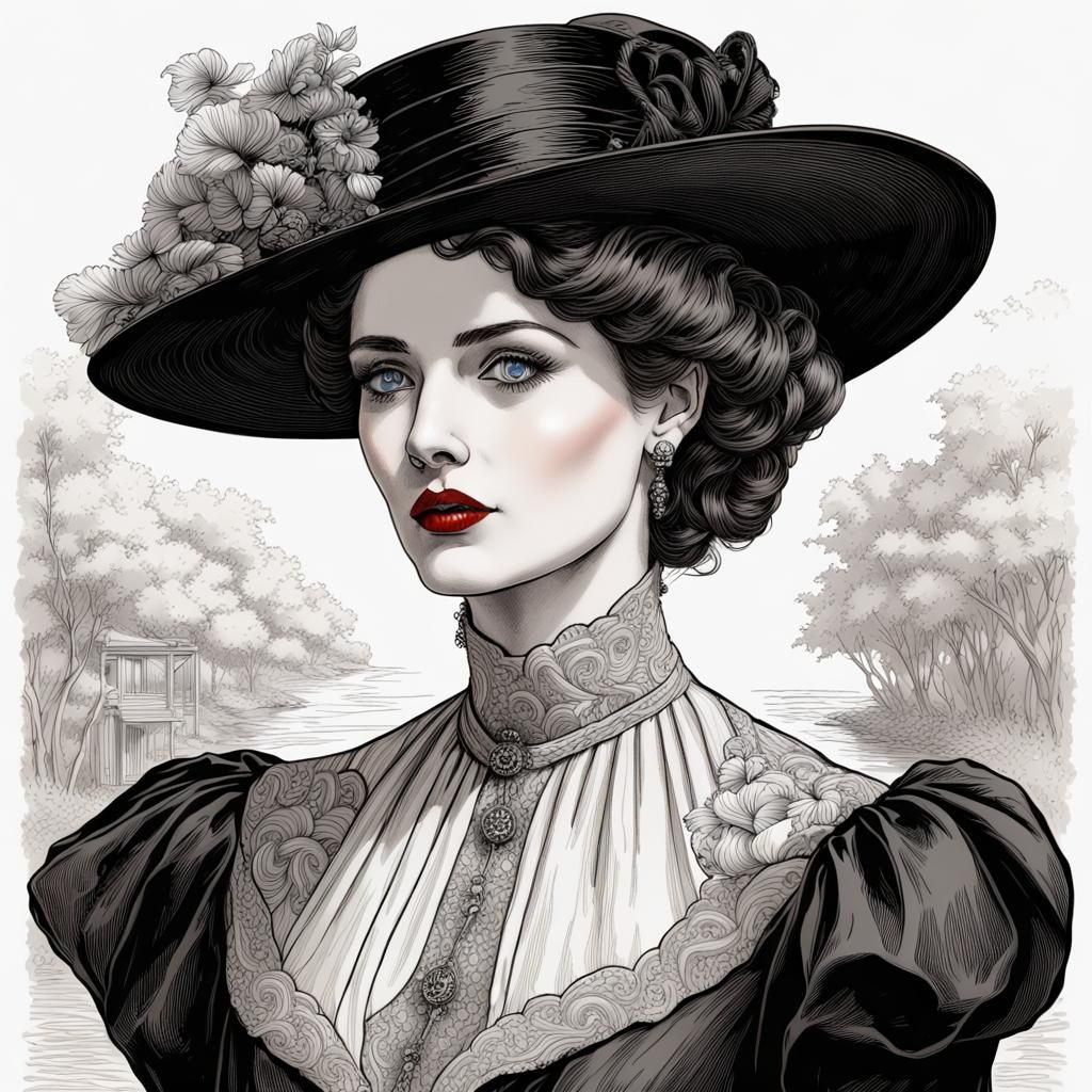 Elegant Edwardian Woman in Pen and Ink