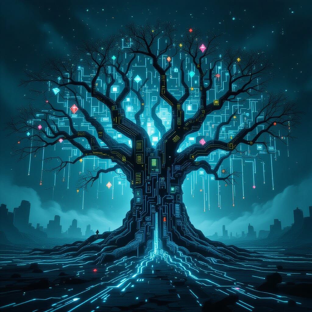 Giant Circuit Board Tree in Digital Landscape