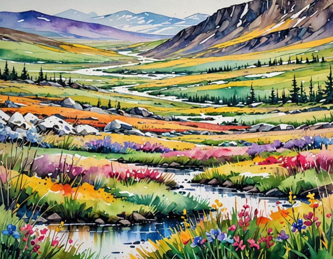 Watercolor   Spring  is coming.
Wonderful landscape of Tundr...