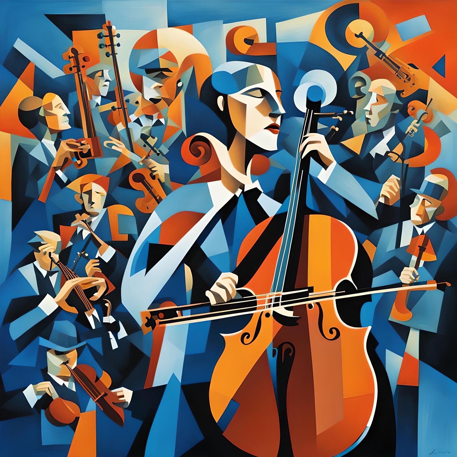 Surreal God and Orchestra of Clocks in Cubist Style