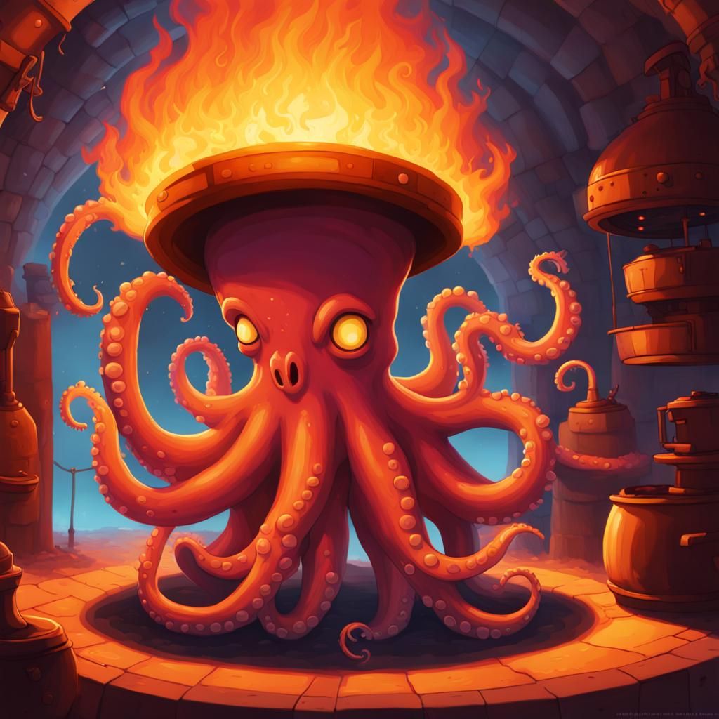 Octopus Dough Bake in Burning Furnace, Storybook Style
