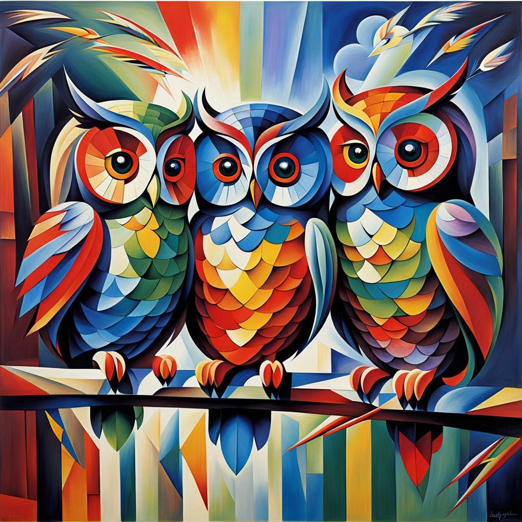 Rainbow Owls and Woman in Abstract Cubism Style