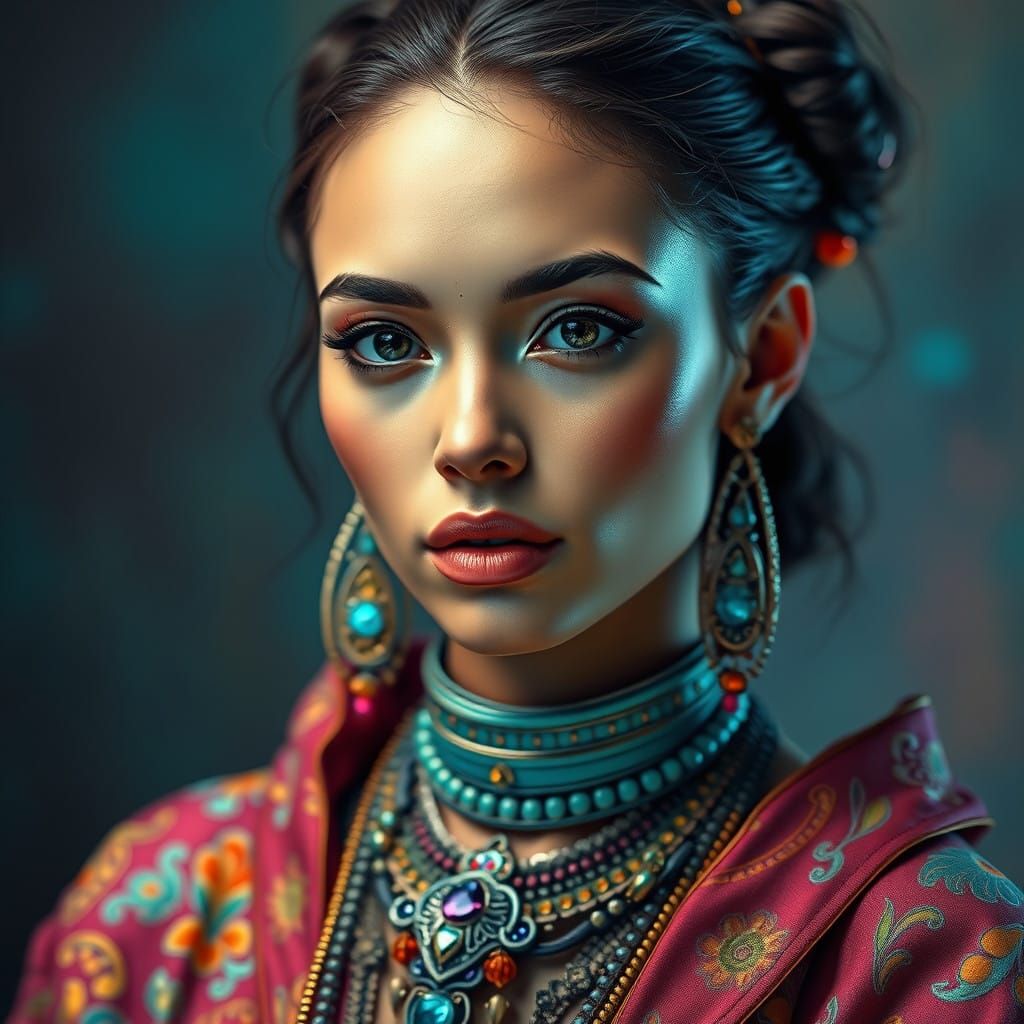 Stunning Bohemian Goddess in Vibrant, Hyperrealistic Portrai...