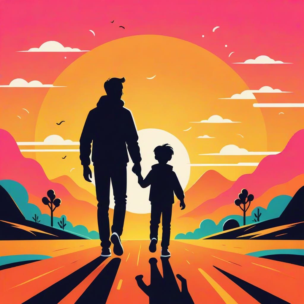 Proud Dad Walking with Son in Vibrant Sunset