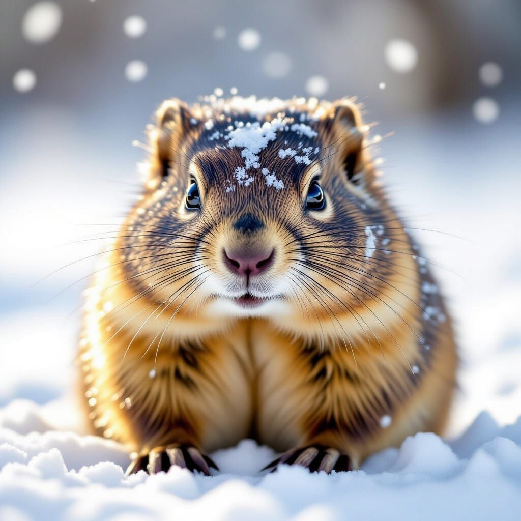 Groundhog in Snow with Curious Expression
