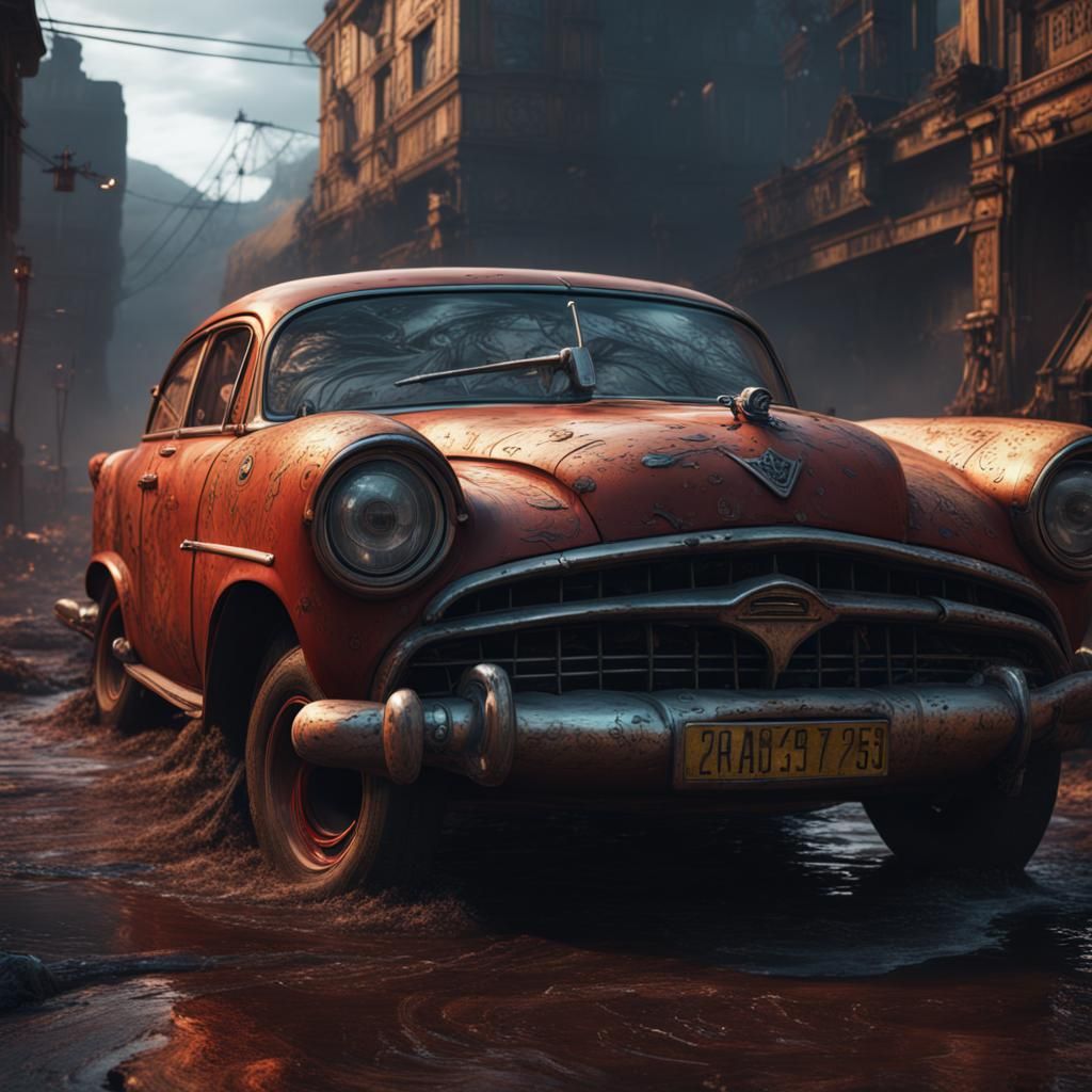 Horrified Human-Faced Cars in Detailed Matte Painting