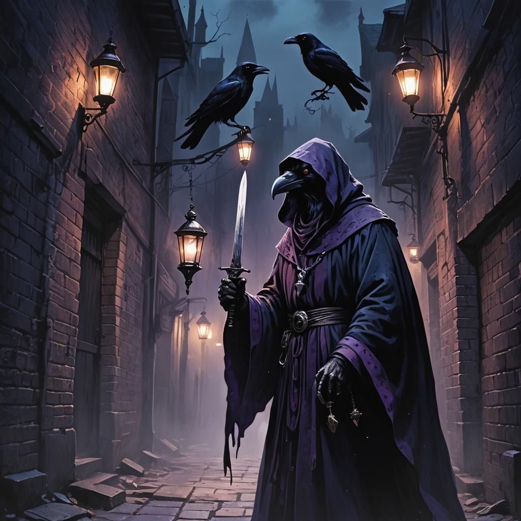 Crow Wizard with Dagger in Dark Gothic Alley
