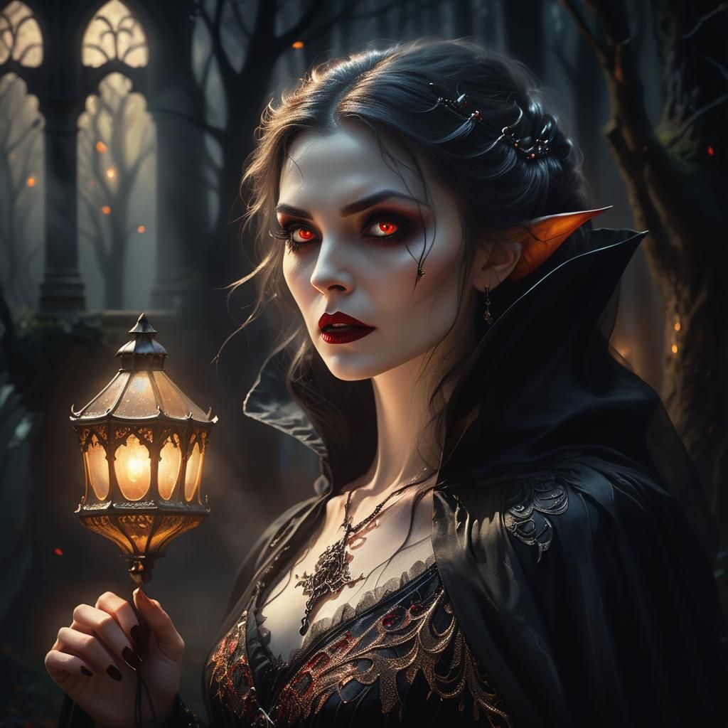 Evil Vampire Woman in Misty Forest, Dark Romanticism