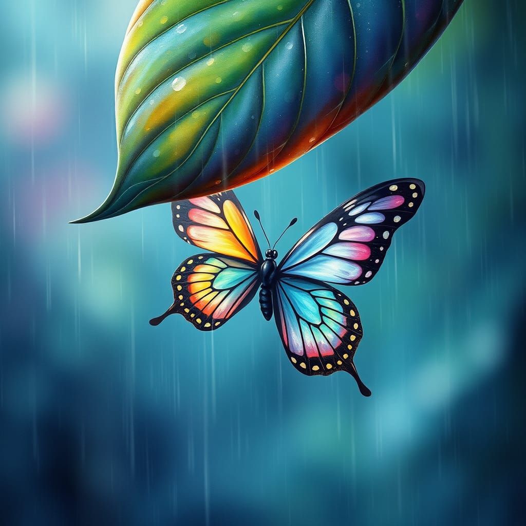 Whimsical Butterfly in Rainy Leaf