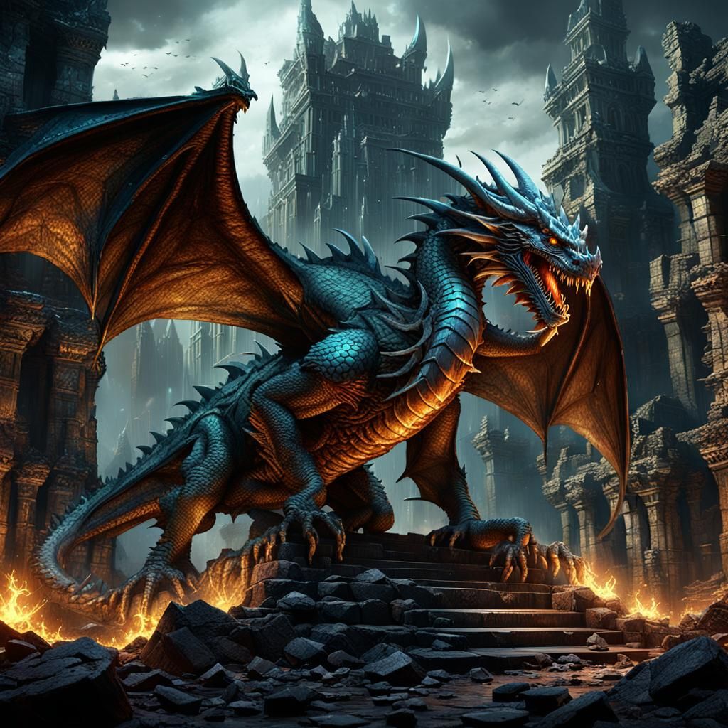Dragon Awakening Beneath Ruined City: Dark Fantasy Art
