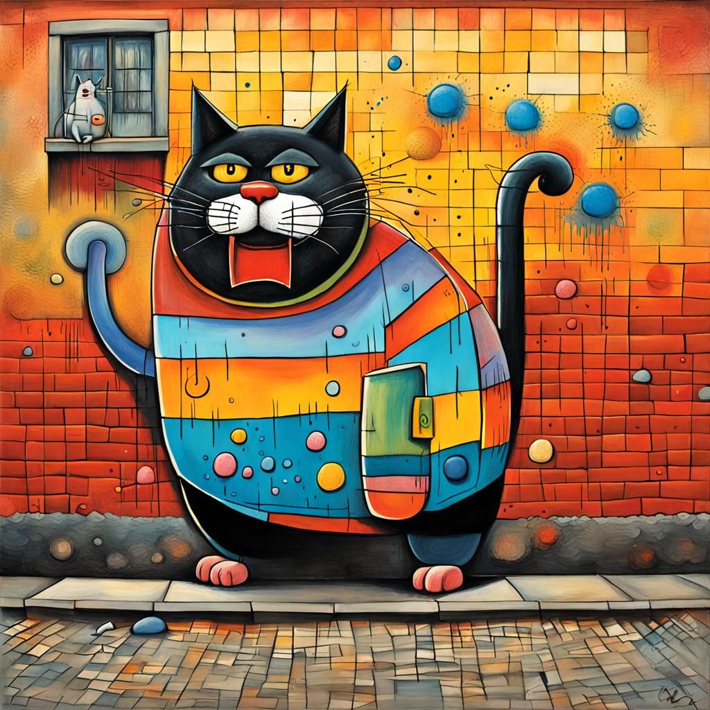 Angry Cat Graffiti Art Stepping Out of Wall