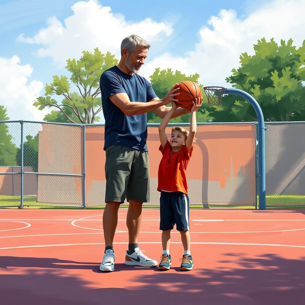 Father and Son Basketball Lesson in Digital Art Style