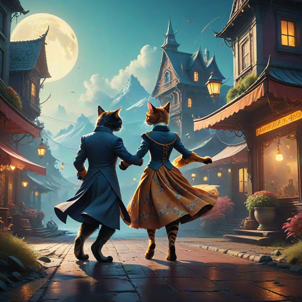 Whimsical Calico Cats Dance Tango in Dreamlike Atmosphere