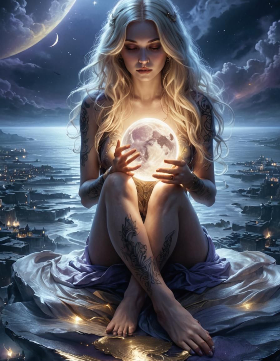 Tattooed Angel Holding the Moon: Dark Fantasy Art