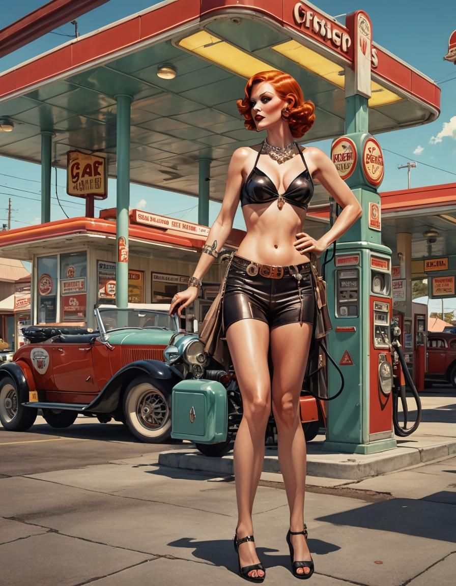Retro Pinup at Gas Station, Magazine Art Style