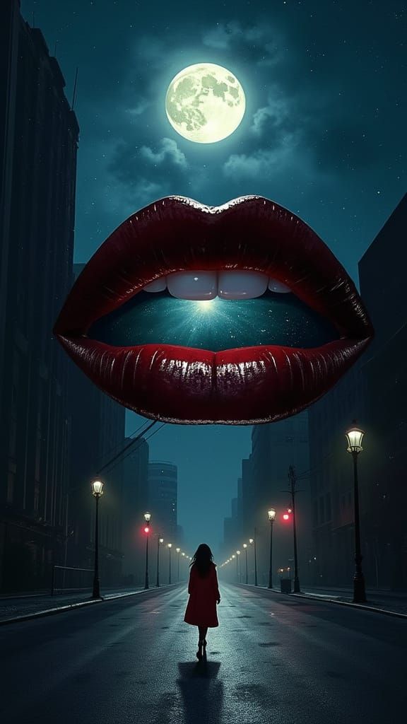 Surreal Black Lips in Cosmic Urban Dreamscape