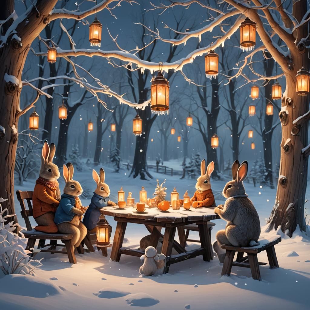Rabbit Family in Winter Wonderland: Whimsical Concept Art