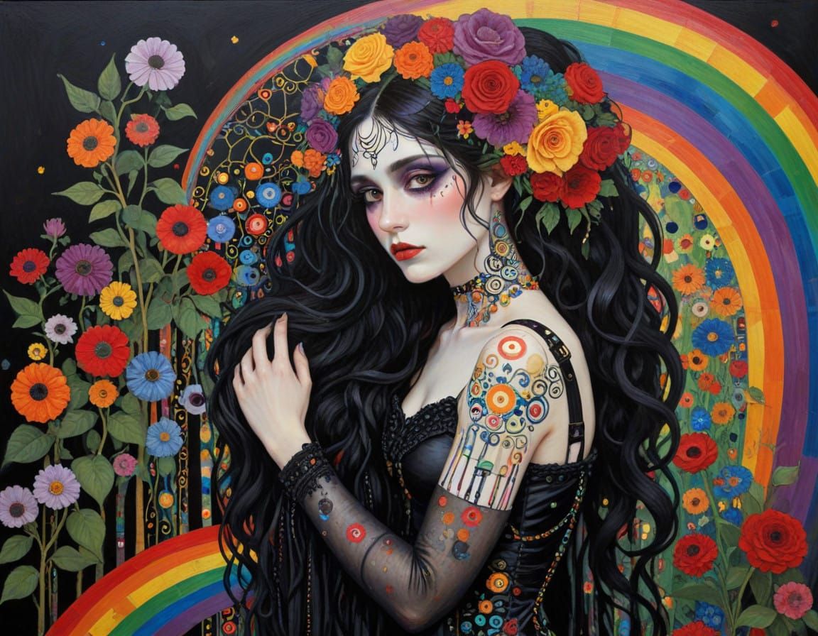 Golden Goth Woman Sees Beyond a Fading Rainbow