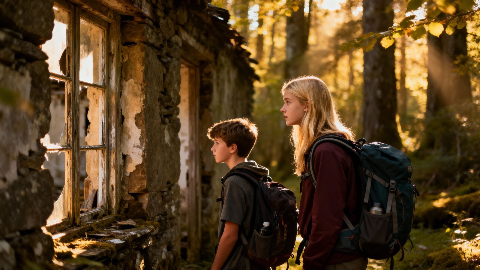 Hikers Explore Ruined Croft House in Golden Hour Forest