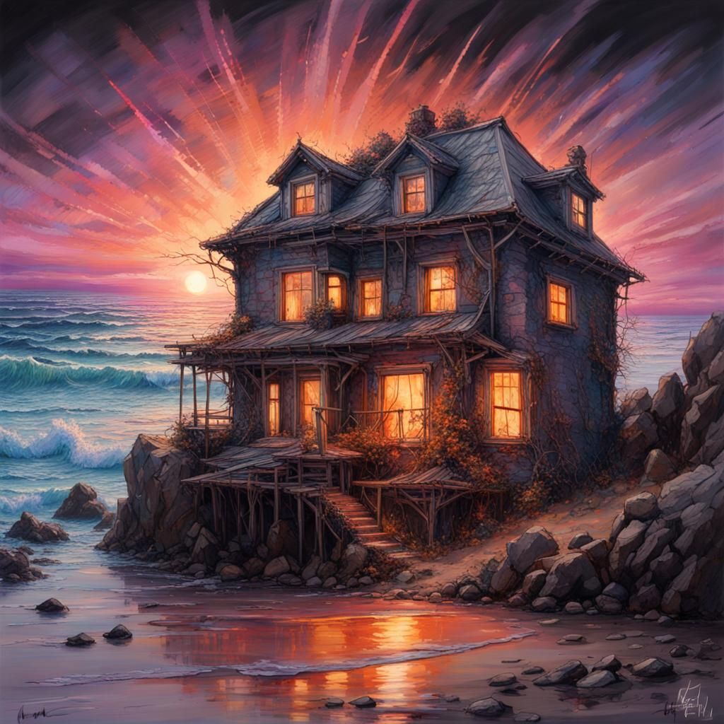 Cybernetic Hen on Vaporwave Beach at Sunset