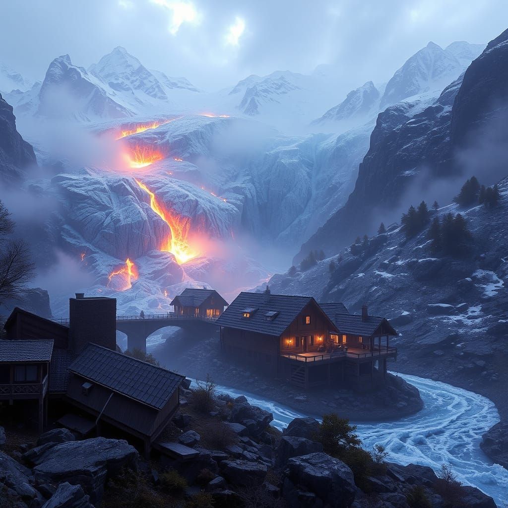 Glacier Collapse in Swiss Alps: Dark Fantasy Art